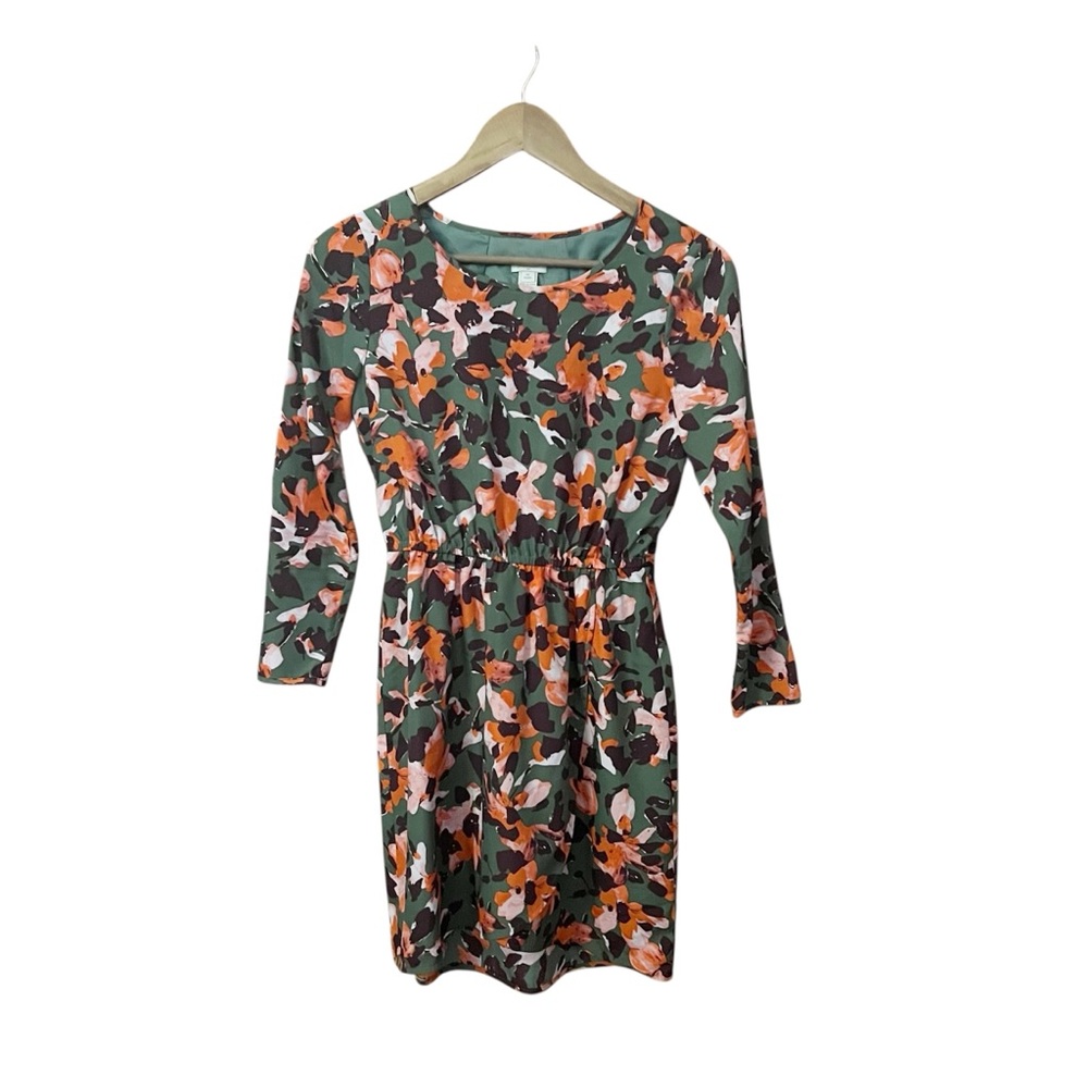 J. Crew Factory Green Tulip Watercolor 00 Petite Floral Long Sleeve Dress Mini